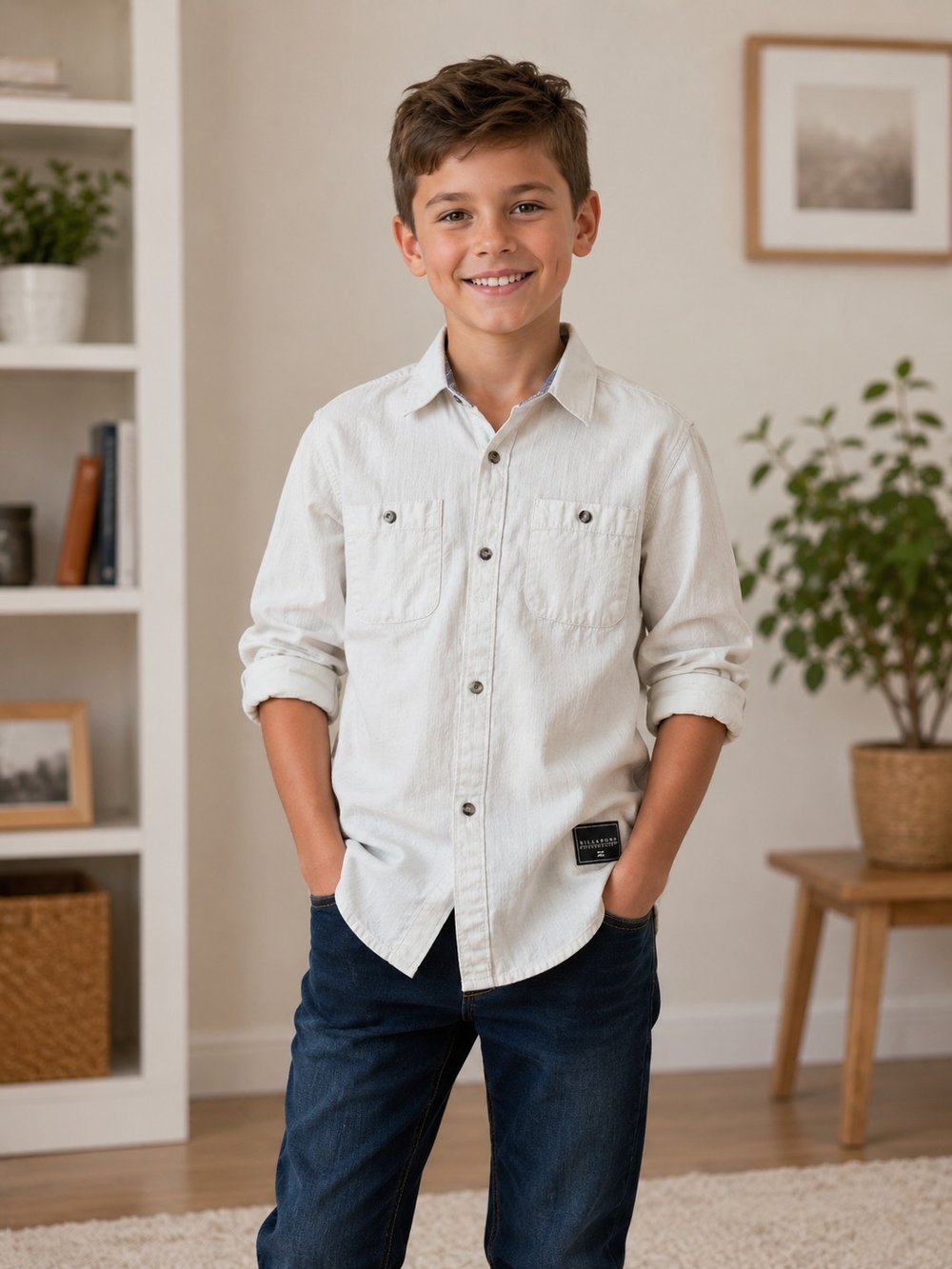 Billabong Boys White Button Up Shirt Medium 100% Cotton Long Sleeve Casual